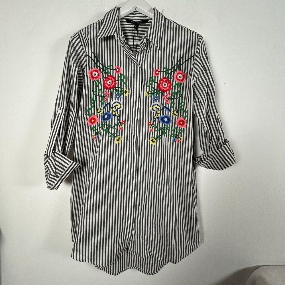 Walter Baker Becca Tunic Black/White Striped Floral Embroidered Medium New $178